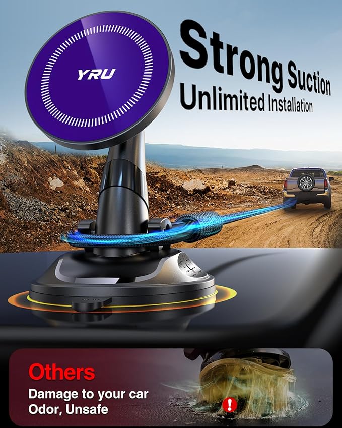 [True Upgraded Military-Grade] Phone Holder for Magsafe Car Mount 360° Rotating Vacuum Suction Dashboard, 2800gf Strongest Magnetic Windshield Phone Mount for iPhone 17 Pro Max 16 15 14, Indigo Blue