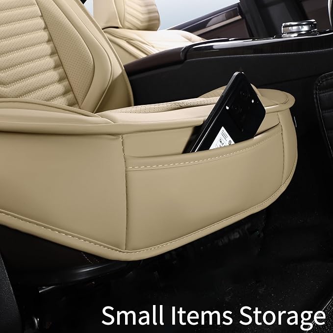 Nappa Leather Car Seat Covers Full Set, Beige Car seat Protector 5 Seats, Waterproof Car Seat Cushion, Universal Automotive Seat Covers Fit for SUV Truck Pick-up Sedan, Front and Rear