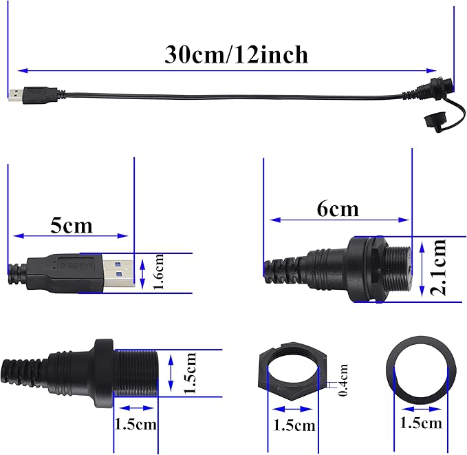 zdyCGTime Small Type C 3.0 Female to USB 3.0 A Male Car Flush Mount Cable USB A to USB Type C Waterproof Panel Mount Extension Cable, for Car Boat Truck Yacht Motorcycle.(30CM/1Ft)