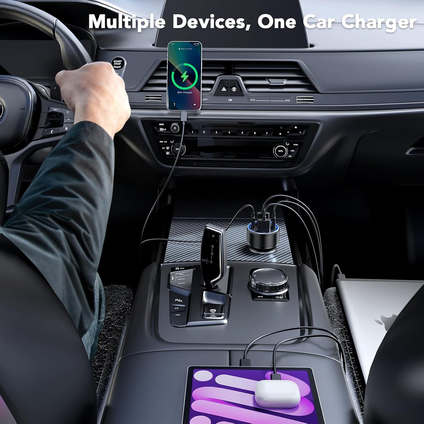 USB C Car Charger, 4 Port 78W Dual USB Car Charger Adapter Fast Charging Multi Port Cigarette Lighter Adapter with Voltmeter Type C Phone Car Accessories for iPhone 16/15/14/13, Samsung Galaxy, iPad