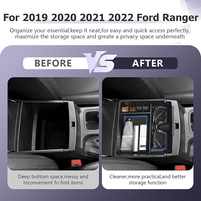 LUWU Ranger Center Console Organizer for 2019 2020 2021 2022 2023 Ford Ranger XL/XLT/Lariat/Raptor Accessories Armrest Console Storage Box Glove Organizer Tray ABS Material Blue