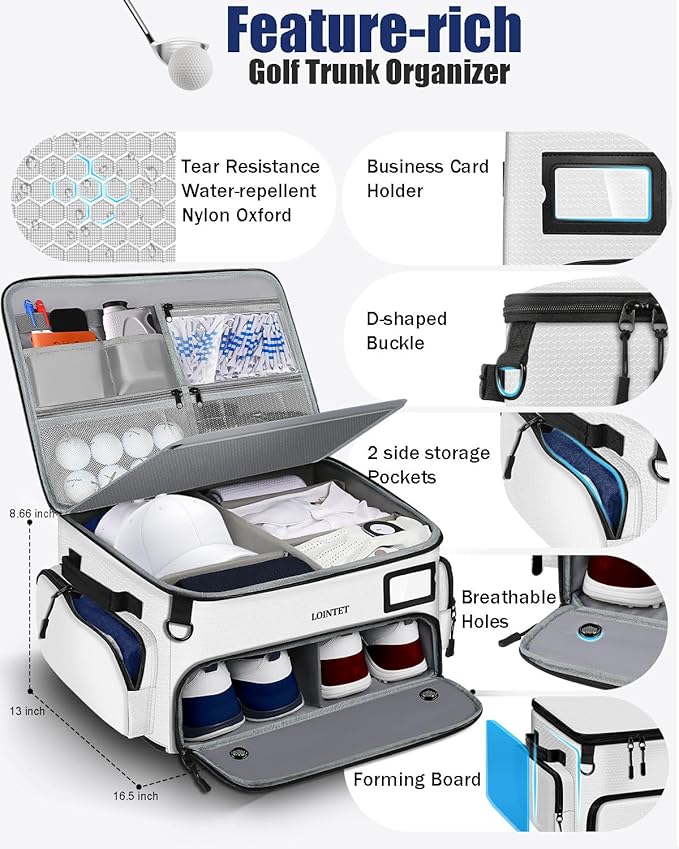 LOINTET Golf Trunk Organizer, Waterproof Car Golf Locker with Separate Ventilated Compartment for 2 Pair Shoes, Golf Storage for Balls, Tees, Cap, Clothes, Gloves, Accessories, Gifts for Men, Women