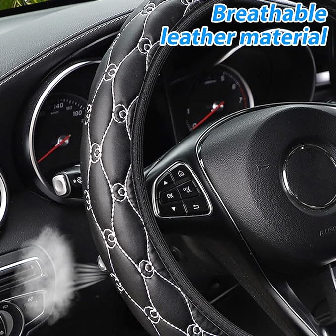Car Steering Wheel Cover, PU Leather Non-Slip Lantern Pattern Vehicle Steering Wheel Cover Protection, Breathable Automotive Interior Protecter Accessories, Universal Fit (Black/White)