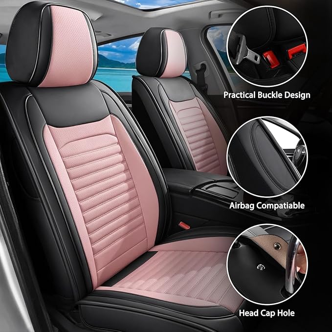 Car Seat Covers Full Set Fit for Toyota Camry 2001-2025,2026, Premium Faux Leather Car Seat Protector,Breathable Anti-Slip Full Wrapping Edge Seat Covers(Black&Pink,Full Set)