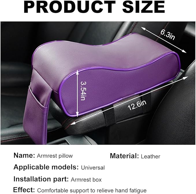 Car Armrest Cushion, Soft Memory Foam Auto Armrest Pillow with Storage Bag, Leather Center Console Arm Rest Padded Cushion with Phone Holder, Universal Car Accessories (Purple)