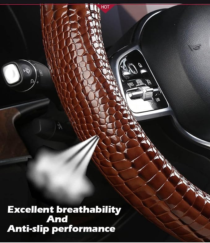 Luxury Crocodile Texture Glossy Leather Car Steering Wheel Cover, New Universal 15 Inch Vehicle Steering Wheel Cover for Cars, Trucks, Suvs, Pickups Interior Accessories (Gray)