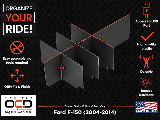 Vehicle OCD - Center Console Organizer for Ford F150 (2004-2014) (Column Shift w/Bucket Seats Only) - Made in USA - SLX104