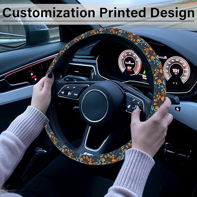 Orange Wildflowers Steering Wheel Cover, Cute Print Steering Wheel Cover Protector, Ultra Thin Breathable Non-Slip, Car Accessories for Women, for Steering Wheel with a Diameter of 14.5"-15"