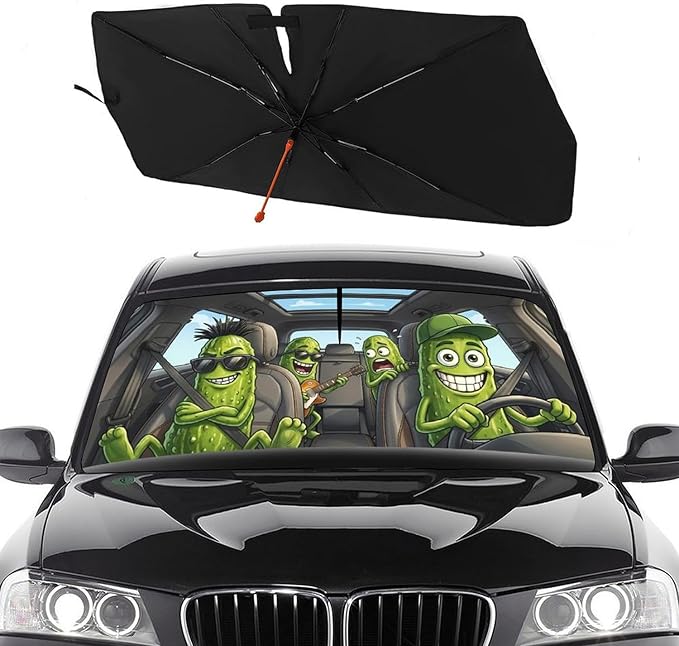 Socira Funny Pickle Car Windshield Sun Shade Umbrella Pickle Gifts Foldable Sunshade for Front Window Auto Windshield Sunshade Covers Car Accessories Protect from Sun Rays Heat 57'' X 30''