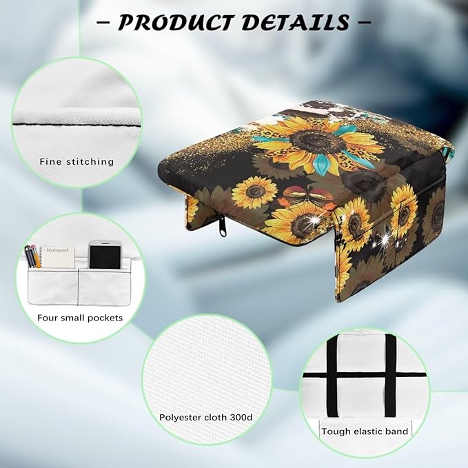 Wanyint Aztec Sunflower Leopard Cow Print Auto Center Console Cover Non-Slip Soft Armrest Storage Box Mat Scratch Resistant Middle Console Cover Arm Rest Pad Car Interior Decor Accessories
