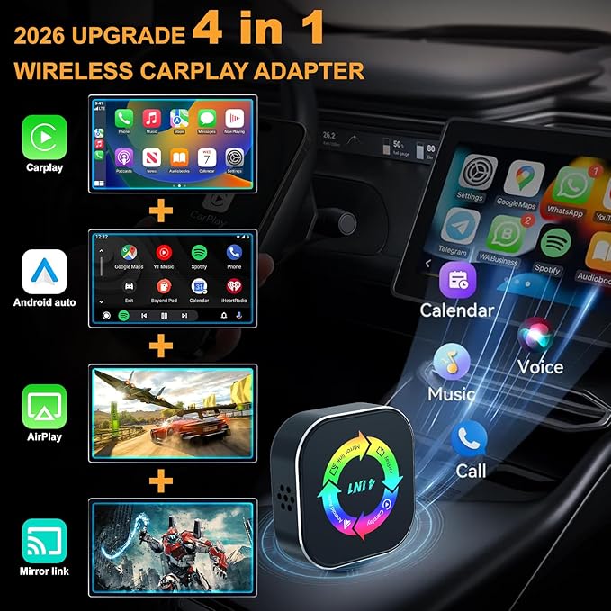 2026 Upgraded Wireless Carplay Adapter, 4 in 1 Screen Mirroring Support Mirror Link/AirPlay for Apple CarPlay & Android Auto, Mini USB/Type-C Plug & Play Car Play Adapter, Wired to Wireless No Latency