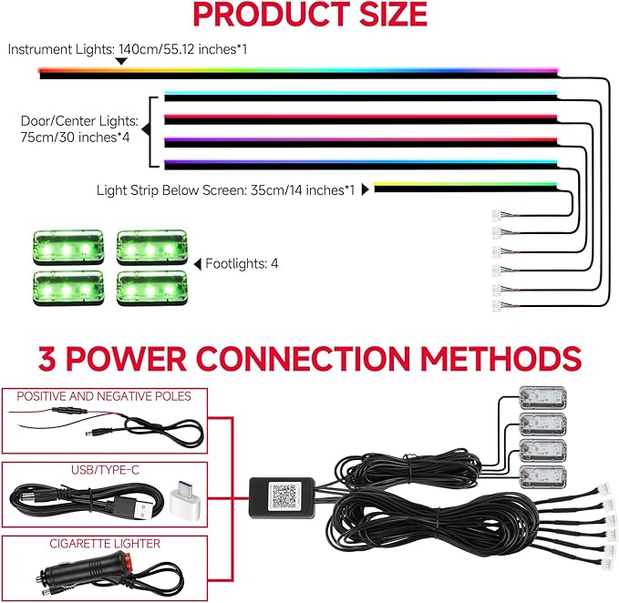 Interior Car LED Strip Lights with APP&Remote Control RGB 10 in 1 Ambient Lighting Kits Fiber Optic Strip LEDs,16 Million Colors,Music Sync Car Neon Lights for Cars,SUVs,Trucks