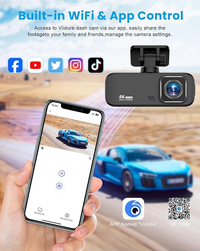 Dash Cam 4K Front, Ultra HD Dash Camera for Cars, 1.97''IPS Screen Mini Car Camera with APP Control, Built-in Wi-Fi & G-Sensor, 24H Parking Mode, Night Vision, WDR, Loop Recording, Support 256GB Max