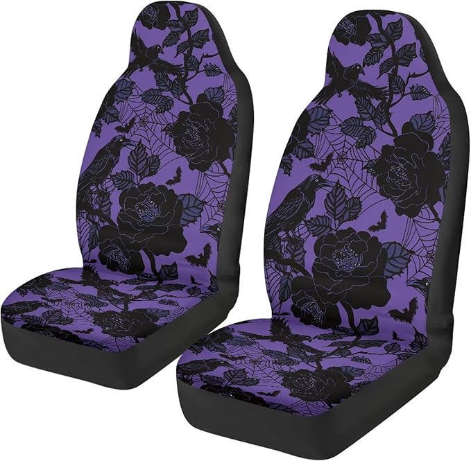 Halloween Crow Car Seat Covers Breathable Front Seat Cover Soft Anti-Slip Back Fabric Auto Interior Accessories All-Season Protection Universal Vehicle Accessories