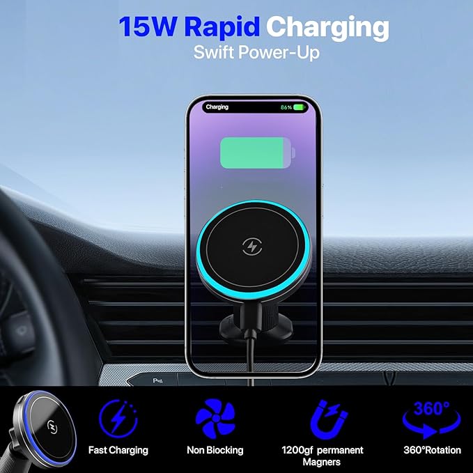 for MagSafe Car Wireless Charger Mount for iPhone 17/16/15/14/13/12 Series, Auto- Magnetic Tight Phone Holder with Fast Charging, Secure Air Vent, 360° Adjustable, Overheating Protection,(A10K)