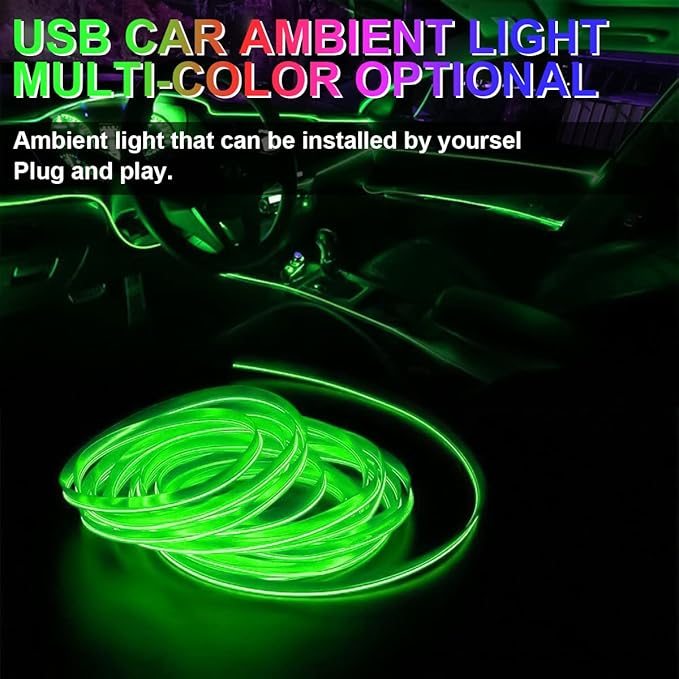 EL Wire LED Strip Lights, 10FT/3M USB Auto Neon Light Strip with Sewing Edge, Electroluminescent Car Ambient Lighting Kits with Fuse Protection, Car Decoration Accessories (Green/10FT)