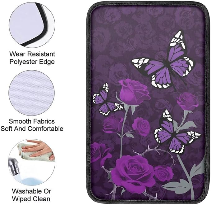 Purple Rose Butterfly Armrest Cover Pad for Cars Comfortable Soft Car Center Console Armrest Cushion Pads Rose Butterflies Auto Accessories Universal Fit for Most Cars