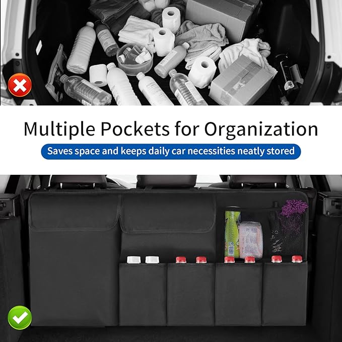 Car Trunk Organizer, Backseat Hanging Organizer with Storage Pockets for SUV, Truck, Van, Collapsible Trunk Organization for Car Accessories (Black, 43" x 18.5")