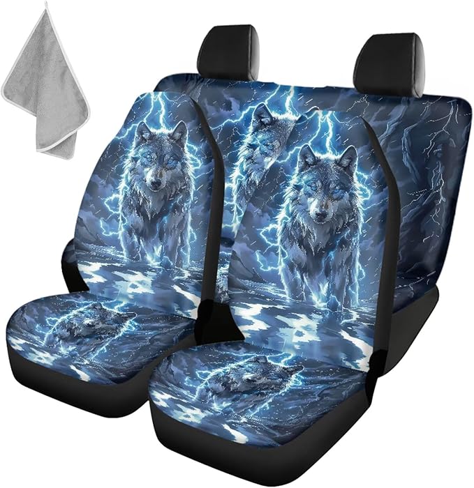 KEIAHUAN Lightning Wolf Car Seat Covers Front Back Auto Front Bucket Seat Covers Rear Split Bench Seat Cushion Pads Vehicle Seat Covers Fit Most Vehicle Truck,SUV