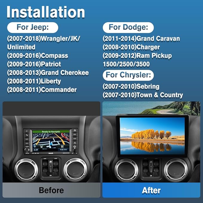 Doreon (2GB+64GB ROM) Car Stereo for Jeep Wrangler JK 2007-2018 Compass Grand Cherokee Dodge Ram 1500, 10.1" Android 15 Radio with Wireless CarPlay Android Auto WiFi GPS BT FM AM SWC Backup Camera