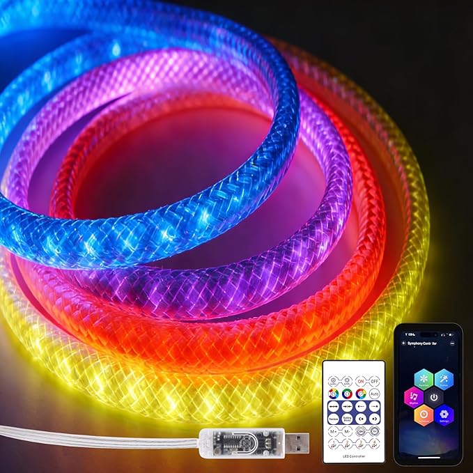 iNextStation 360° Glow USB Rope Lights 16.4FT RGB LED Lights, Braided Silicone Led Strip Lights, IP67 Waterproof, APP/Remote Control, Music Sync, Neon Lights Strip Color Changing for Outdoor/Indoor