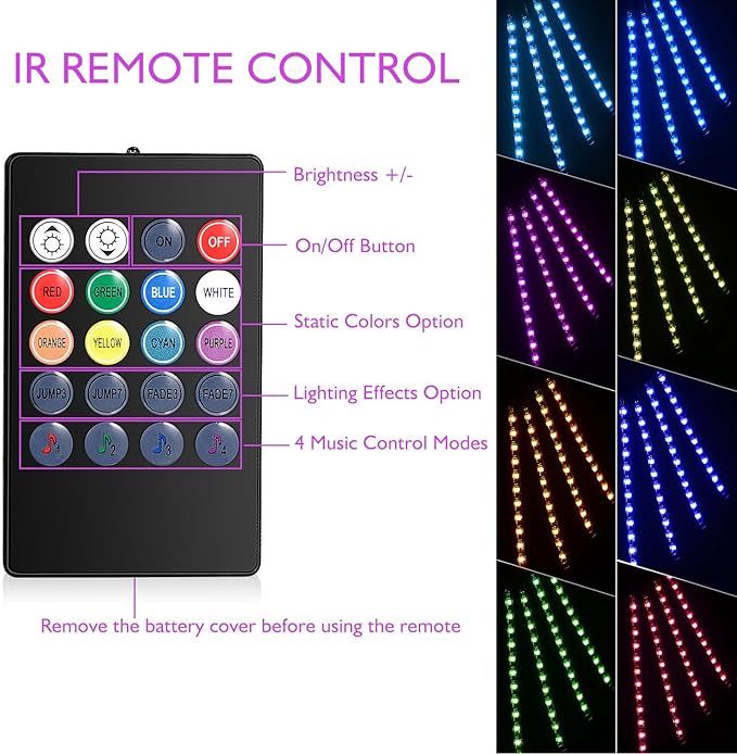 Car LED Strip Lights Christmas, 4Pcs 48 LED Interior Lights, Multicolor Music Car Strip Light Under Dash Lighting Kit with Sound Active Function and Remote Controller, DC 5V