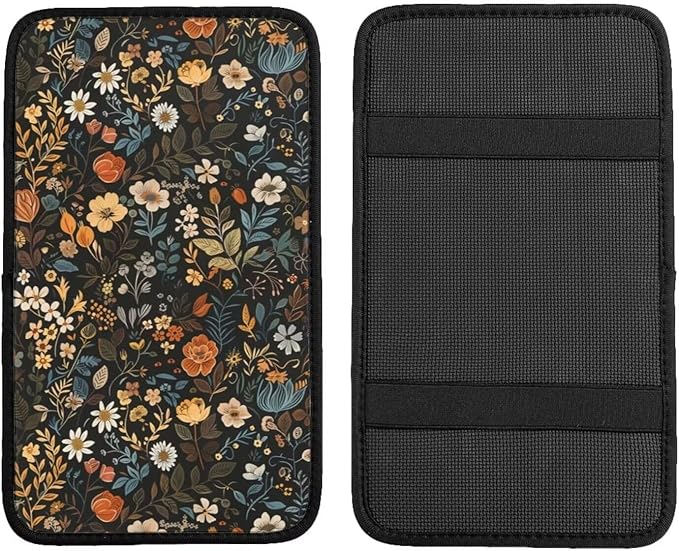 Universal Car Center Console Cover Vintage Floral Leaf Armrest Protector Floral Flower Cute Non-Slip Auto Arm Rest Cushion for SUV Truck Vehicle Vans Sedans