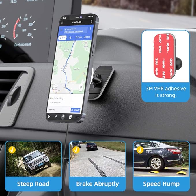 OHLPRO for MagSafe Car Mount Charger iPhone Wireless Car Charger, Stick on Dashboard Magnetic Phone Holder Mount for iPhone 17 Pro Max 16 15 14 Series, 15W Fast Charging, Aluminum Shell
