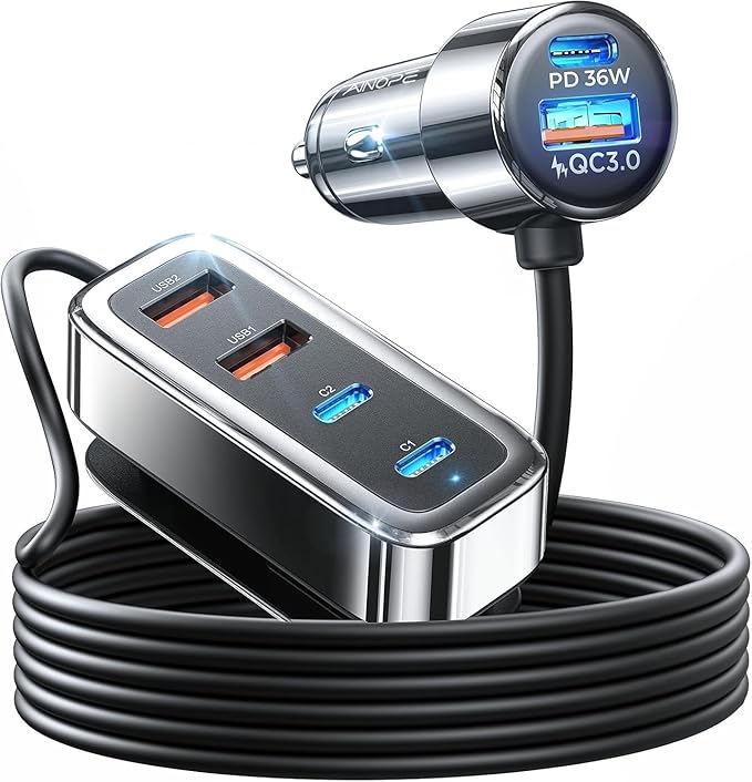 AINOPE 108W Multiple Ports Car Charger, Road Trip Essentials for Kids,Travel Essentials for Long Trips,6-Port USB C Cigarette Lighter Adapter Fast Charging for iPhone 17 16 15[+5FT Cable]Mother‘s Day