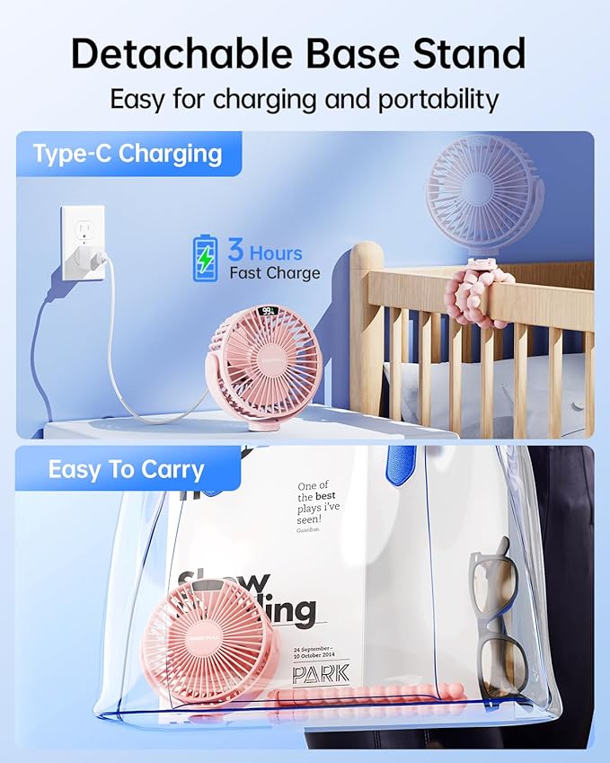 SWEETFULL Portable Stroller Fan with LED Display, 4 Speed Rechargeable Mini Clip On Fan, 360° Rotate Flexible Tripod Better Cooling Small Baby Fan for Car Seat Crib Travel Bike Treadmill (Pink)