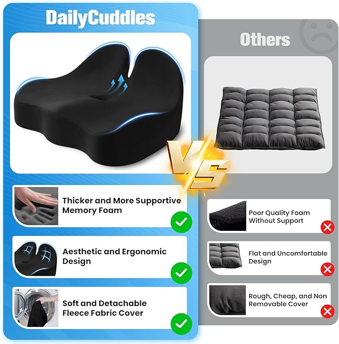 Seat Cushion, Chair Cushions for Office Chairs/Desk Seats/Wheelchair - Hip&Sciatica&Tailbone Pain Relief Memory Foam Office Chair Cushion for Long Sitting Office Workers(Black, X-Large)