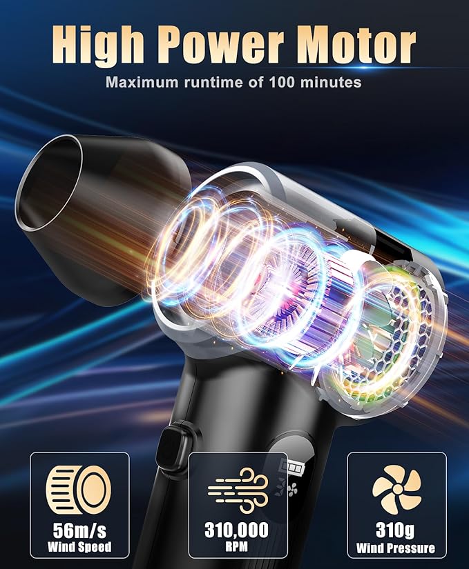 Compressed Air Duster-310,000RPM Cordless Air Blower with LED Light, 4 Gear Adjustable Turbo Fan, Super Power Electric Air Duster for Computer, Keyboard, Outdoor, House and Car