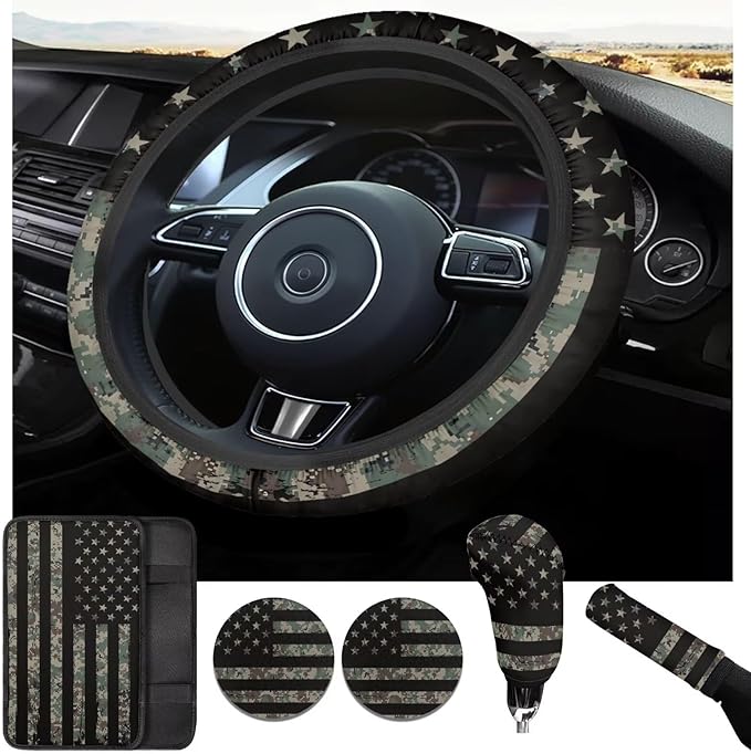 Vintage American Flag Car Interior Accessories Military Green Car Steering Wheel Cover Cup Coaster Handbrake Gear Cover Suit for Truck Vans SUV 6pcs