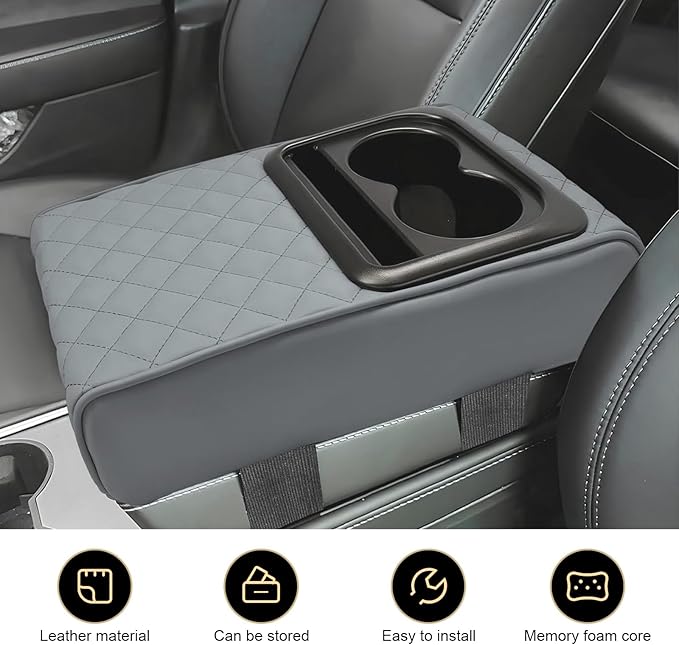 Car Center Console Armrest Pillow, 14"×8.3" Leather Memory Foam Armrest Cushion with Cup Holder & Phone Holder, Waterproof & Anti-Scratch Arm Rest Protector, Universal for Most Cars (Gray)