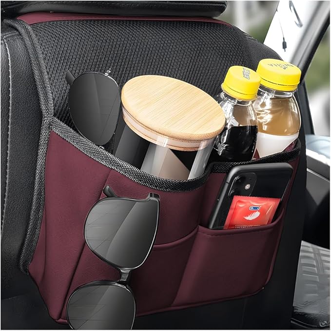 Car Seat Back Organizer, Multipurpose Leather Vehicle Backseat Hanging Bag Holder with Pockets, Large Capacity Automotive Interior Storage Box Accessories, Universal Fit (Brown Red)