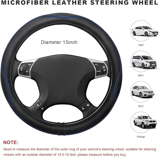 Car Steering Wheel Cover, 15 Inch Anti-Slip Breathable Leather Auto Steering Wheel Protector, Full Surround Soft Steering Wheel Cover for Men Women, Car Interior Accessories (Black & Blue)
