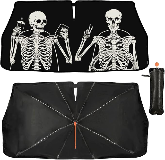 Funny Skeleton Driving Car Windshield Sunshade Umbrella Skull Sun Shade for Car Windshield Umbrella Upgraded Sunshades Blocks UV & Heat Front Window Shades for SUV Sedan Auto