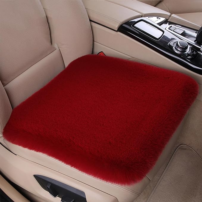 Plush Car Seat Cushion, Soft Warm Fuzzy Faux Rabbit Fur Fluffy Plush Auto Seat Cover Vehicle Car Front and Back Seat Protector Pad with Non-Slip Backing Cushion Interior Universal Fit (Red,Front*1)