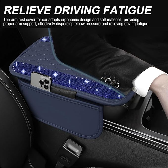 NBTEPEM Bling Blue Car Center Console Cover, Leather Car Arm Rest Cover with 2 Storage Bags, Universal Auto Armrest Protector Storage Box, Bling Accessories Interior for Most Vehicles
