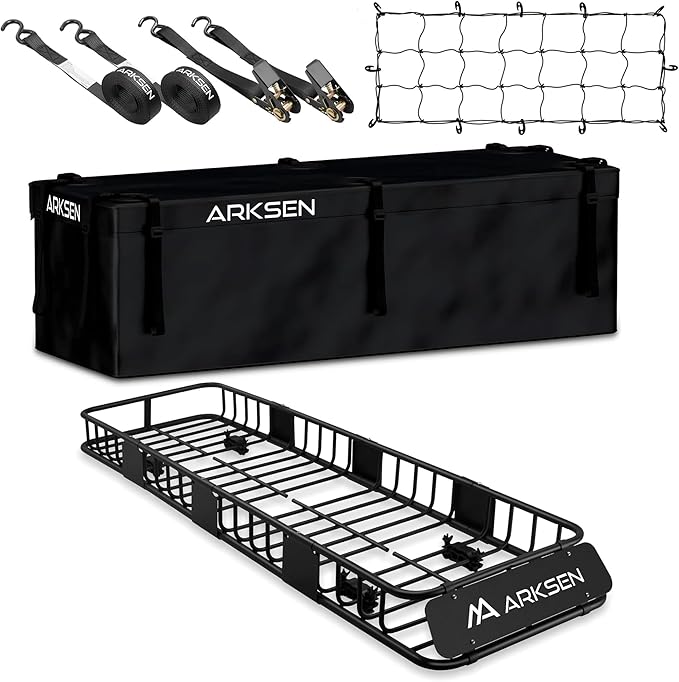 ARKSEN Skinny Roof Rack 64"x23"x6" Cargo Carrier with Waterproof Bag, Net, Straps & Anti-Slip Mat, Heavy Duty Top Mount Cargo Basket, Luggage Camping Gear Storage for Car, Truck or SUV Transport