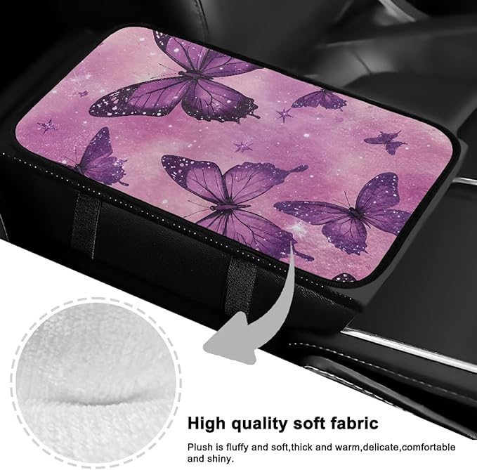 Purple Butterfly Auto Armrest Cover Flannel Anti-Slip Armrest Cover Car Soft Comfortable Cover Center Console Lid Protector Universal Fit Sedans,Cars,Vans,SUV,Truck