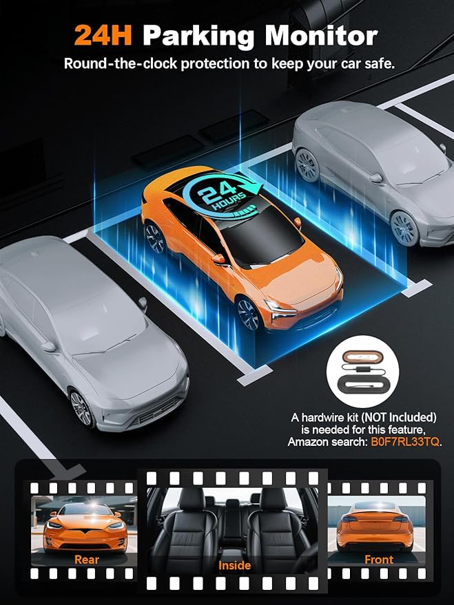 4K 3 Channel Dash Cam Front and Rear Inside, Built-in 5.8GHz WiFi GPS, 64GB Card Included, 4K+1080P+1080P Dash Camera for Cars, 3.18'' IPS Screen Dashcam with G-Sensor, 24H Parking Monitor