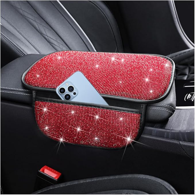 Bling Car Center Console Cover, Crystal Rhinestone Vehicle Armrest Cover Cushion with 2 Storage Bags for Women Girls, Diamond Auto Storage Box Protector Pad, Universal Fit (Red)