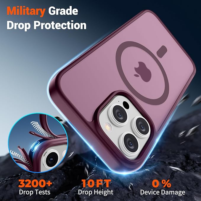 SUPFINE Magnetic for iPhone 15 Pro Case (Compatible with MagSafe) (Military Grade Drop Protection) Translucent Matte Shockproof Phone Case, Wine Red
