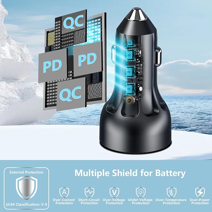 USB C Car Charger, Rombica 4-Port 90W Dual USB-C + USB-A Car Power Adapter, 4 in 1 PD/QC Type-C Fast Car Charging Cigarette Lighter for iPhone 17 17 Pro Max 16 15 14 13 12 11/Galaxy S25 S26/Pixel/iPad