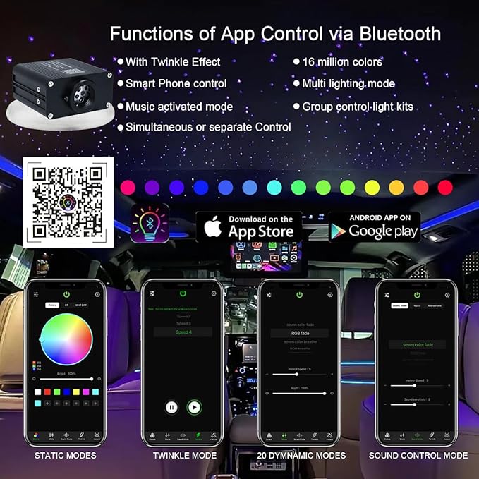 AKEPO Small Size 16W RGBW APP Twinkle Fiber Optic Lights, Music Activated 150pcs 0.03in 6.5ft/2m Optical Fiber Star Ceiling Light Kit for Car Truck Headliner Star/Home
