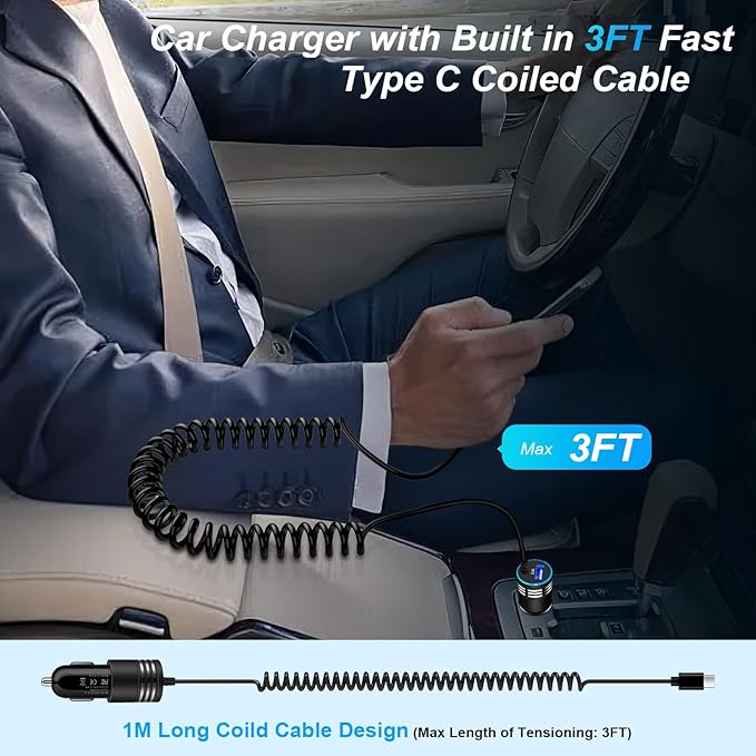 Android Car Charger Fast Charging Cord Type C 3.4A USB C Cigarette Lighter Adapter with Coiled Cable for Samsung Galaxy S26 S25 S24 S23 Z Flip 7 6 Z Fold 7 6 5 A57 A37 A17 A16 A35 A25 A15 A54 A14 A53