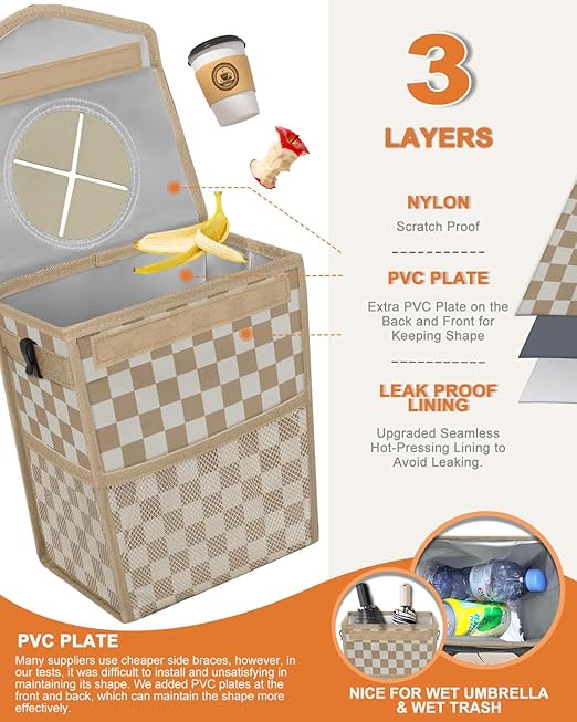 Pritent Car Trash Can with Lid, Cute Leakproof Car Trash Garbage Bag Hanging Vehicle Trash Bin Small Portable Automotive Garbage Cans Organizer for Back/Front Seat(Trapezoid,Khaki Checkered)