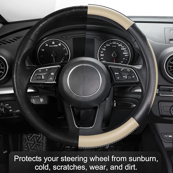 SEG Direct Car Steering Wheel Cover Large-Size for F150 F250 F350 Ram 4Runner Tacoma Tundra Range Rover with 15 1/2 inches-16 inches Outer Diameter, Black and Beige Microfiber Leather