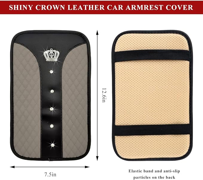 Bling Leather Car Center Console Cover, Anti-Slip Crown Armrest Seat Box Cushion Pad with Rhinestones, Waterproof Crystal Arm Rest Protector Interior Decor for Most Vehicles (Gray)